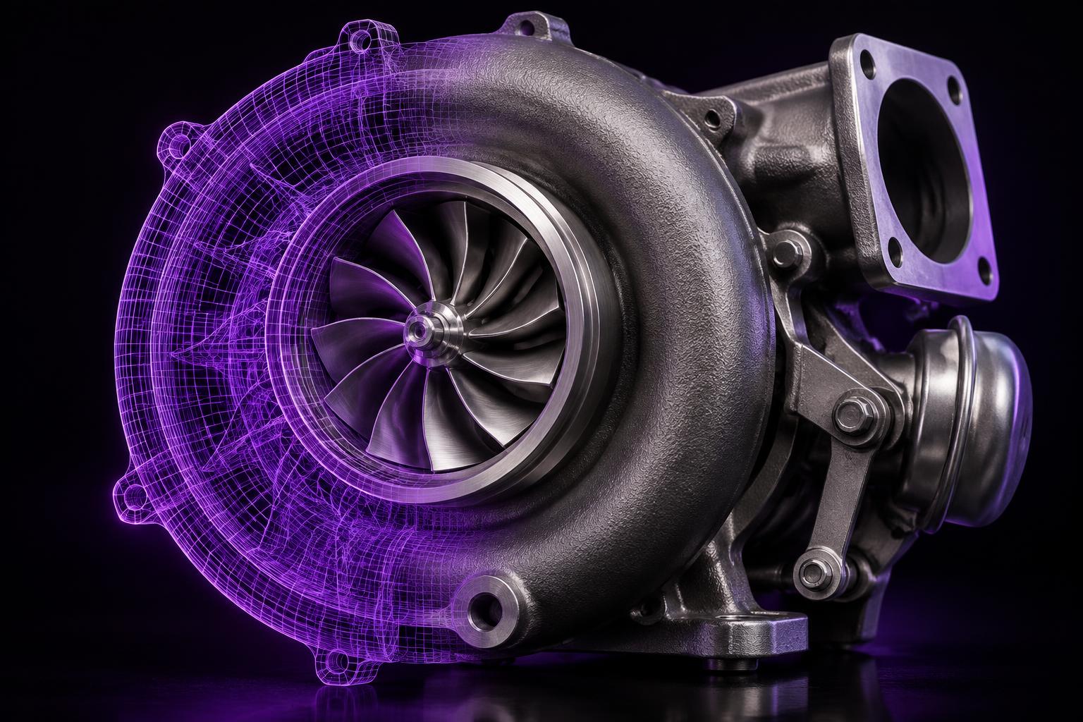 Illustrative radial turbine assembly transitioning from a violet CAD wireframe to finished machined and cast parts